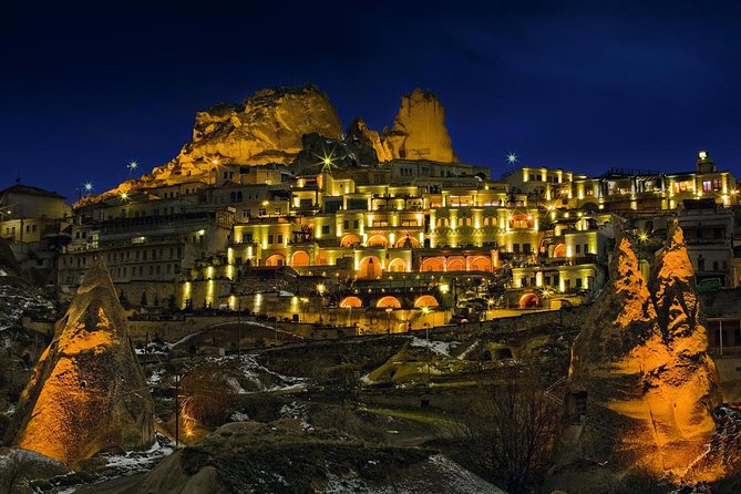 Cappadocia Sunset and Night Tour with Dinner - Uçhisar: the final panorama sweep before night closes in